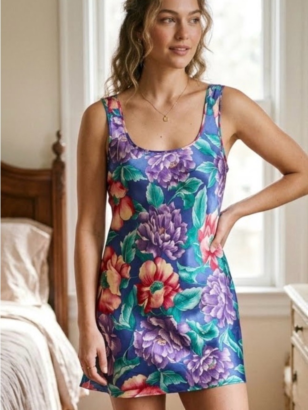 Angelique Vintage Floral Sleeveless Nightgown Botanical Purple Blue Cottagecore - Picture 2 of 5